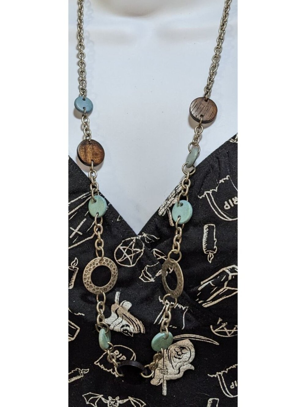 American Eagle Rustic Wood Disc Necklace Long Mixed Media Boho Geometric Stateme